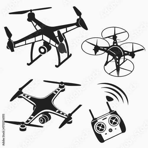 Collection of black silhouette illustrations of various drones and a remote control showcasing different designs and aerial photography capabilities against a white background