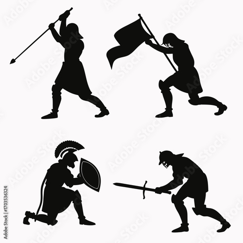 Four silhouettes of medieval knights in dynamic poses depicting combat and warfare with weapons and a flag against a white background