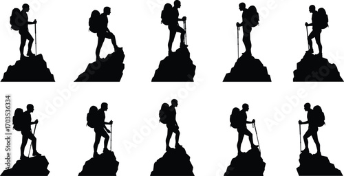 Silhouette of hiker climbing mountain peak, backpack, trekking pole, outdoor adventure, nature exploration, hiking journey, summit achievement, extreme sport