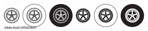 Car wheel icons collection in black filled and stroke line style