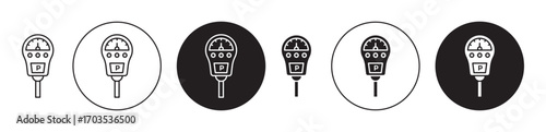 Parking meter icons collection in black filled and stroke line style