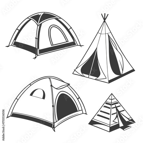 Collection of four distinct camping tents including a dome tent a teepee tent a pyramid tent and another dome tent isolated on a white background for outdoor adventure and recreation concepts