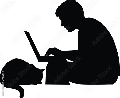Silhouette of Man Using Laptop on Floor Beside Sleeping Cat in Peaceful Home Office or Remote Work Environment