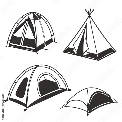 Collection of four diverse camping tents including dome tents and a teepee style shelter rendered in a simple black and white line art illustration style on a white background