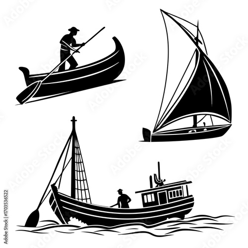 Collection of black and white silhouette illustrations depicting various watercraft including a canoe with a paddler a sailboat with sails and a fishing boat with a person aboard