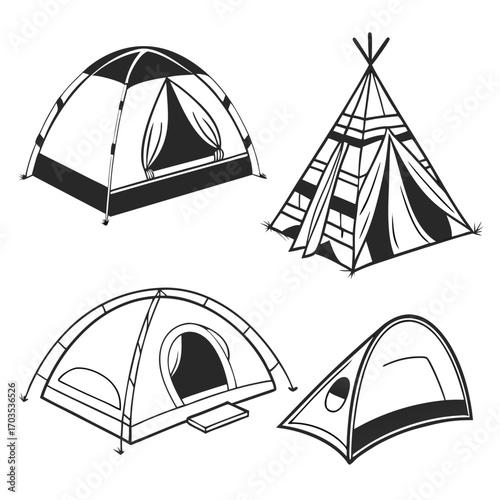 Collection of four distinct camping tents and a traditional teepee shelter depicted in a simple black and white graphic illustration style on a white background