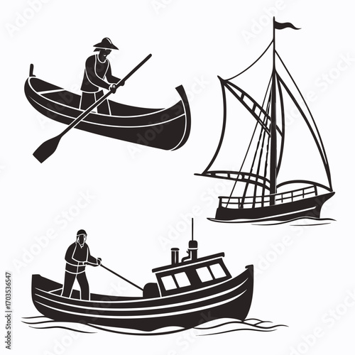 Stylized silhouette illustrations of a person rowing a boat a sailboat and a motorboat on water representing different modes of maritime transportation and activities