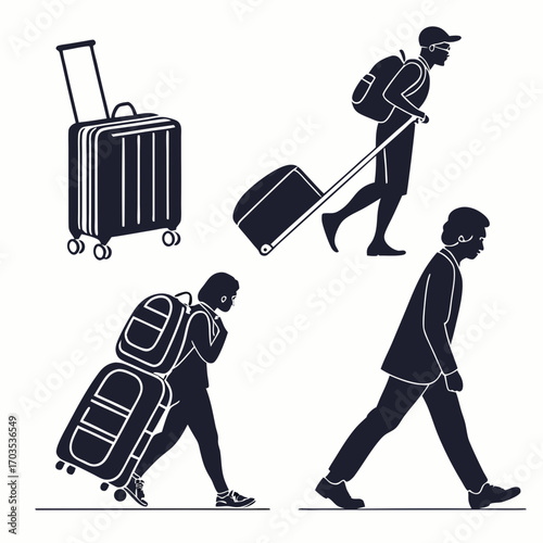 Diverse group of people silhouettes carrying luggage and backpacks symbolizing travel and vacation adventures with various styles of bags and suitcases