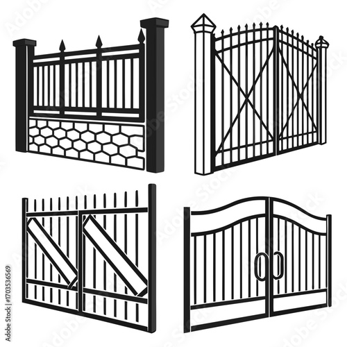Collection of four distinct black silhouette wrought iron fence and gate designs showcasing varied styles and decorative elements for property boundaries and entrances
