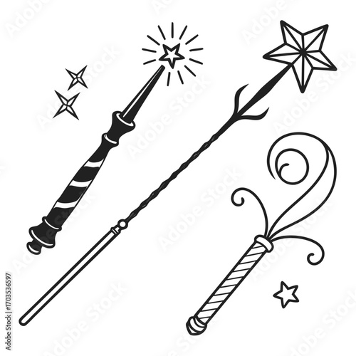 Collection of three distinct magical wands and stars in a simple black and white line art illustration with a white background representing fantasy and enchantment
