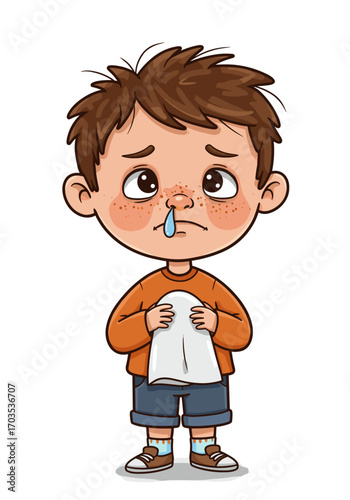 Kid with runny nose: cartoon boy holding napkin and looking sad— illustration for medical, educational and parenting topics