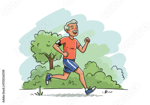 an elderly man running with a bracelet on his arm - a metaphor for energy, self-care and active aging