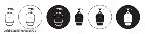 Liquid soap bottle icons collection in black filled and stroke line style