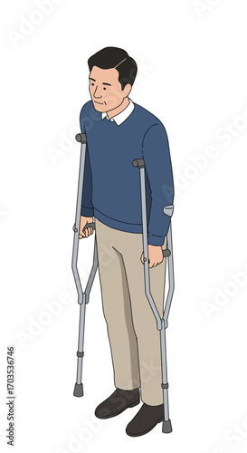Person using crutches: flat design style illustration. Element for trauma, rehabilitation and medical care topics