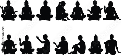 Silhouettes of people sitting, gesturing, talking, communication, discussion, social interaction, group conversation, teamwork, friendship, diverse individuals, relaxed meeting, collaboration, casual 