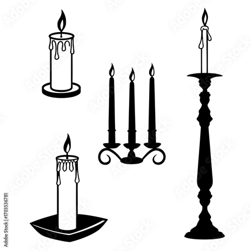 Collection of silhouette candle designs including a tall candlestick with one candle a candelabra with three candles and two individual candles on holders with dripping wax