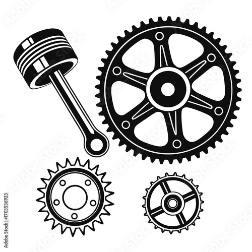 A collection of black and white graphic elements featuring a piston and connecting rod alongside three different sized gears and sprockets symbolizing mechanics and engineering