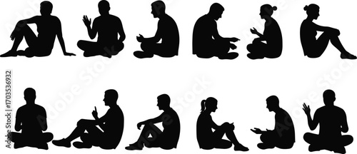Silhouettes of people sitting and talking, communication, discussion, conversation, group interaction, social connection, friendship, teamwork, collaboration, meeting, casual chat, diverse individuals