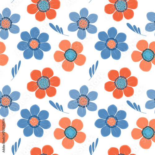 Autumn pattern with flowers and leaves, botanical elements in flat style.
