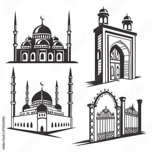 Collection of islamic architectural elements including mosques with domes and minarets and ornate gates and archways in a stylized black and white graphic illustration