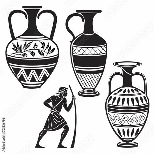 Ancient greek black and white silhouette illustration of three decorative ceramic amphorae vases and a stylized ancient greek man carrying a staff representing classical art and history