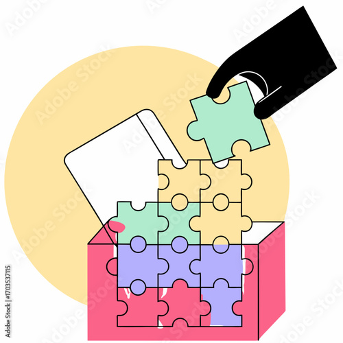 Creative problem solving with colorful jigsaw puzzle concept, hand placing piece for project completion