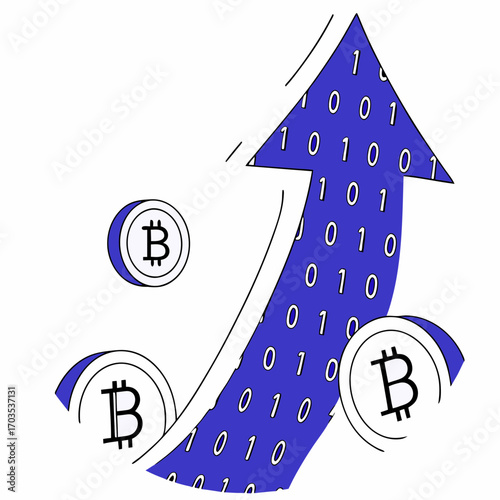 Bitcoin crypto currency surging growth arrow, financial technology and investment opportunity concept