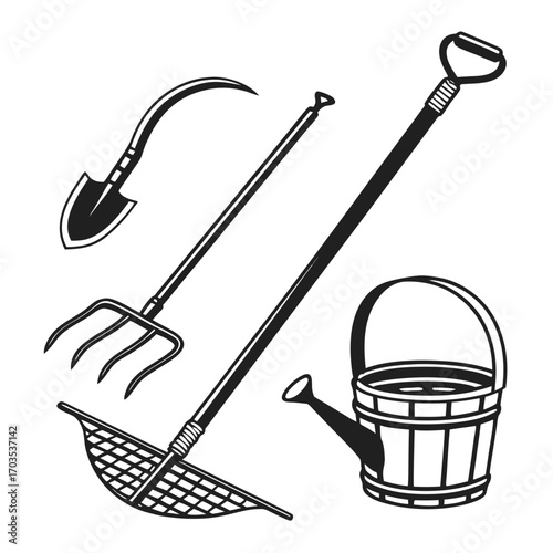 A collection of classic black and white illustrations of essential gardening tools including a shovel pitchfork hoe watering can and net for a rustic farm or garden aesthetic
