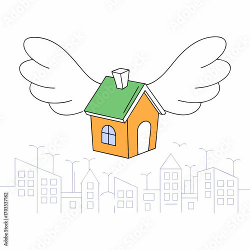 Dream home with wings soaring over a city skyline, symbolizing freedom and finding the perfect house