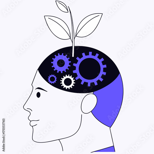 Innovative mind concept shows growth and ideas with gears and sprout, symbolizing potential and intelligence