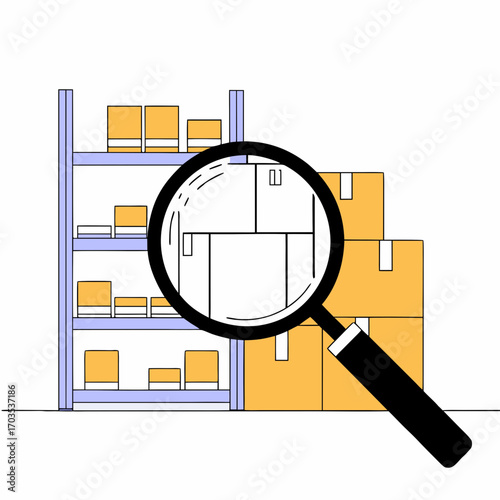 Warehouse inventory under review with magnifying glass, quality control inspection process, distribution audit