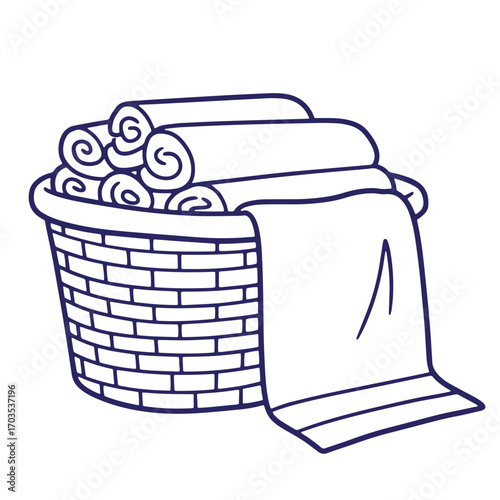Hand drawn illustration of a wicker basket overflowing with rolled and folded towels