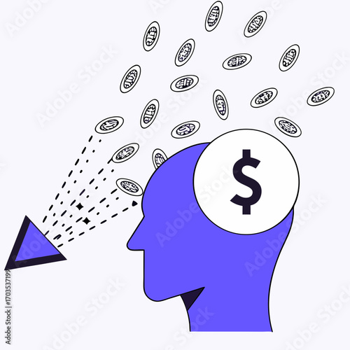Innovative financial concept illustration with money flow into a person's mind for investment
