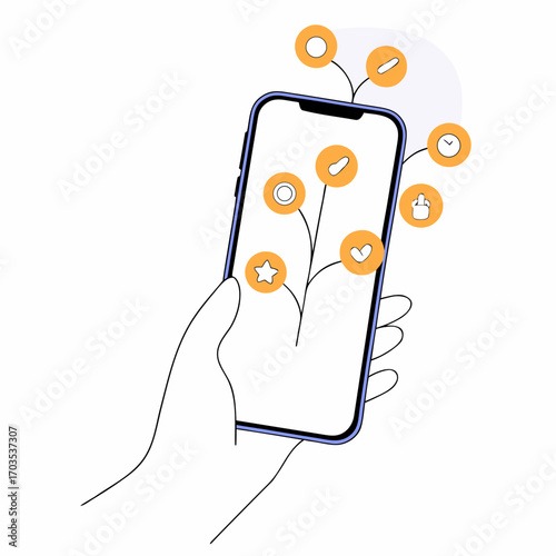 Engaging mobile app interface concept on smartphone held in hand with notifications and modern design
