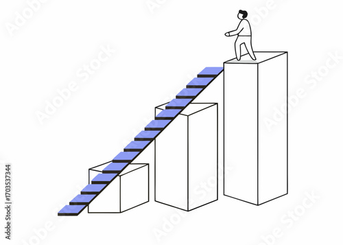 Achieving success with steady steps, man climbing career ladder to reach business goals, vector