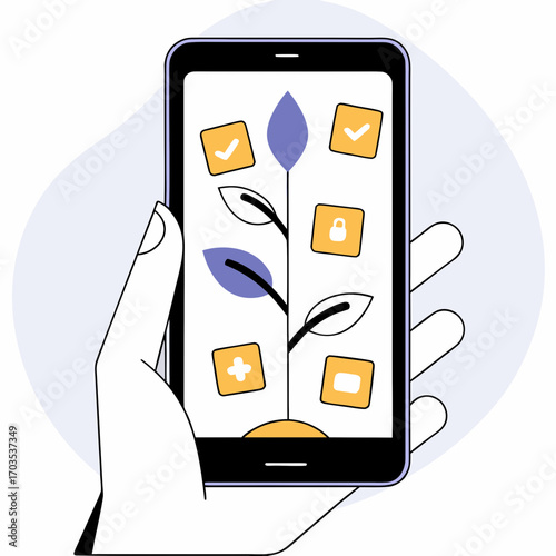Mobile app growth concept with secure checks and balances for business development shown