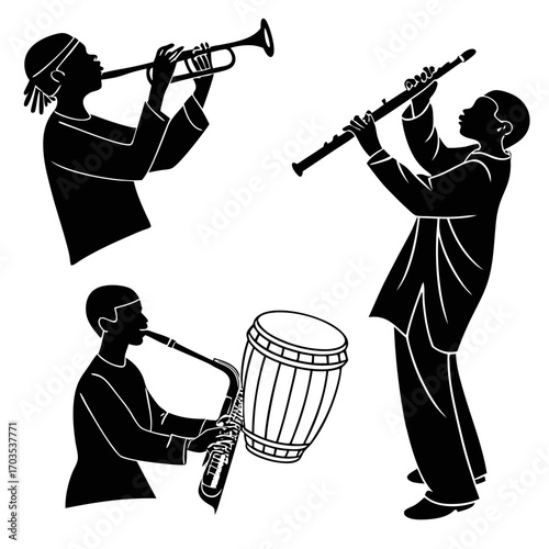 Silhouettes of african musicians playing a trumpet clarinet saxophone and a drum representing a vibrant jazz ensemble performing together