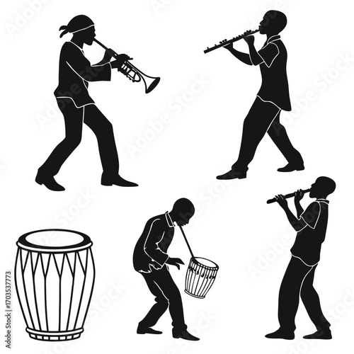 Silhouettes of musicians playing various instruments including a trumpet clarinet and drums in a dynamic composition representing a musical ensemble performance