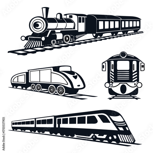Collection of stylized black and white silhouette vector illustrations of various trains including a classic steam locomotive a modern high speed train and a vintage train car