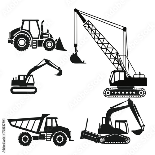 Collection of black silhouette illustrations of various heavy construction vehicles including excavators a bulldozer a dump truck and a crane on a white background