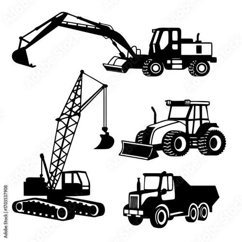 A collection of black silhouette illustrations of construction vehicles including an excavator a crane a bulldozer and a dump truck on a white background