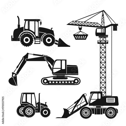 Collection of black silhouette construction vehicles including a tower crane excavator front loader and two tractors on a white background representing heavy machinery and industrial equipment