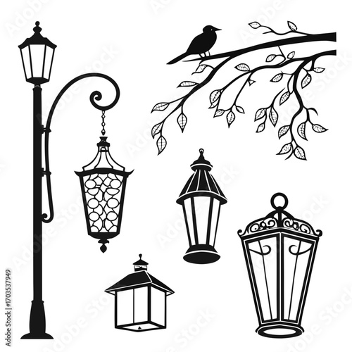 Collection of elegant black silhouette street lamps and decorative lanterns with a bird perched on a leafy branch against a white background
