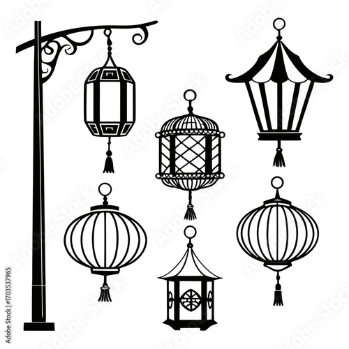 Collection of diverse traditional asian lanterns and a decorative street lamp post silhouette perfect for cultural celebrations and festive decor