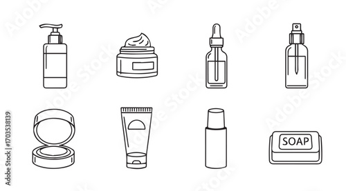 Collection of various skincare and cosmetic product silhouettes