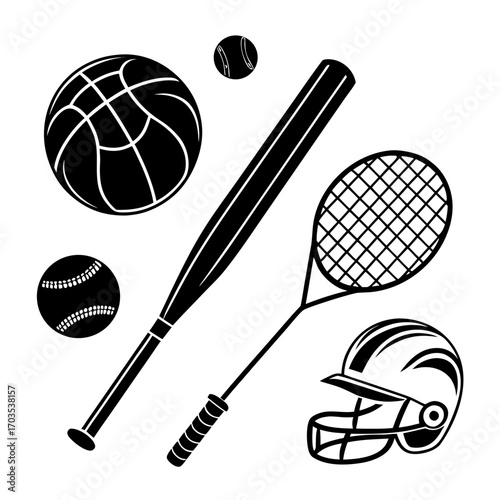 Collection of black and white sports equipment silhouettes including a basketball baseball baseball bat tennis racket and a helmet on a white background