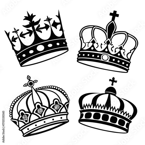 A collection of four distinct black and white stylized crown illustrations displayed on a white background representing royalty power and authority