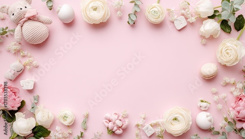 Pink background framed with pastel flowers, plush pig, macarons, and sweets; blank center