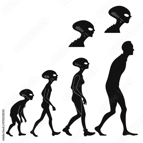 Alien evolution silhouette sequence showing progression from primitive form to advanced humanoid alien with different head silhouettes above