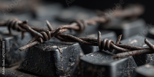 Rusty barbed wire on dark computer keys